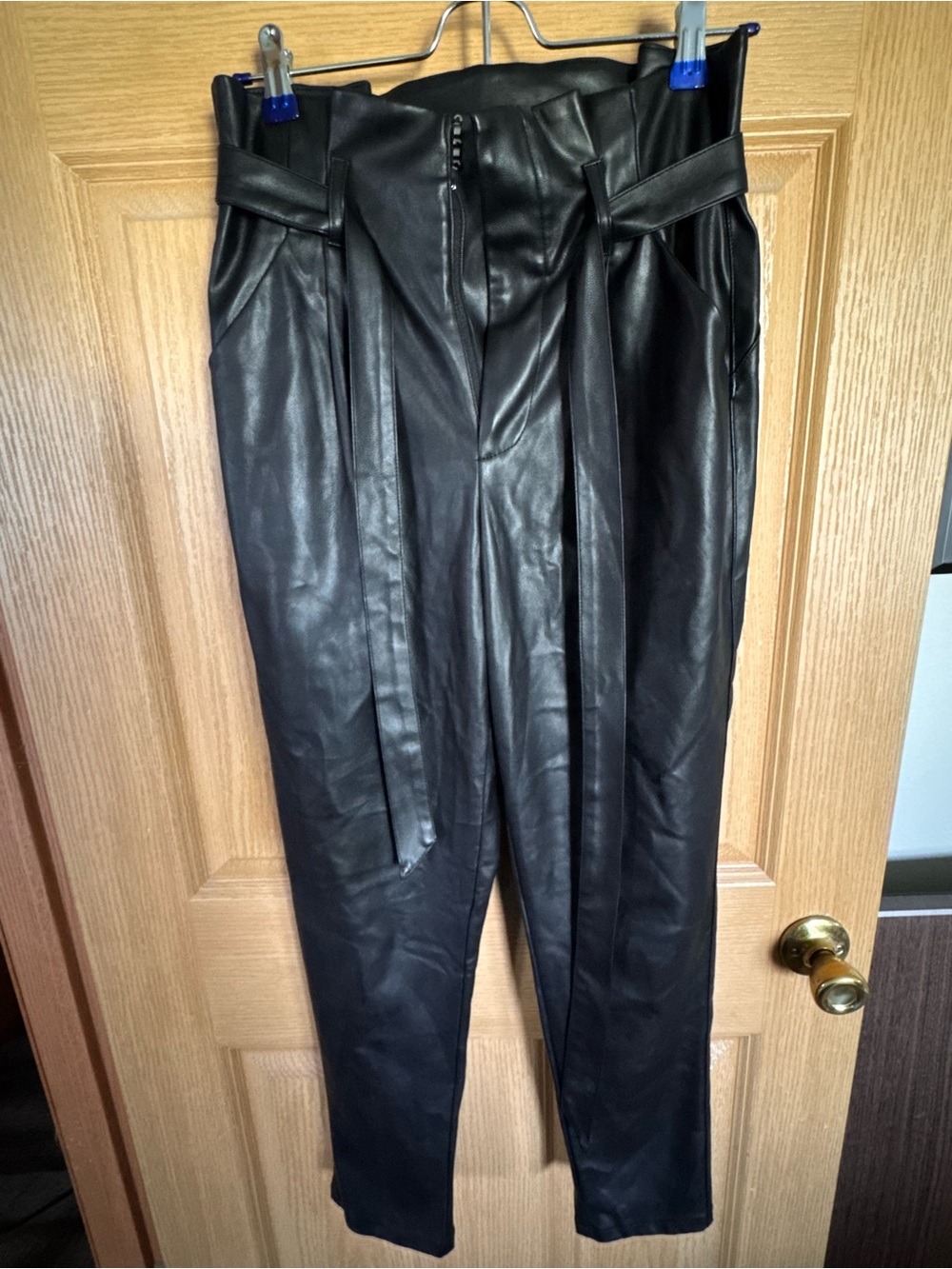 Lucy Paris Black Faux Leather Paperbag Waist Trousers